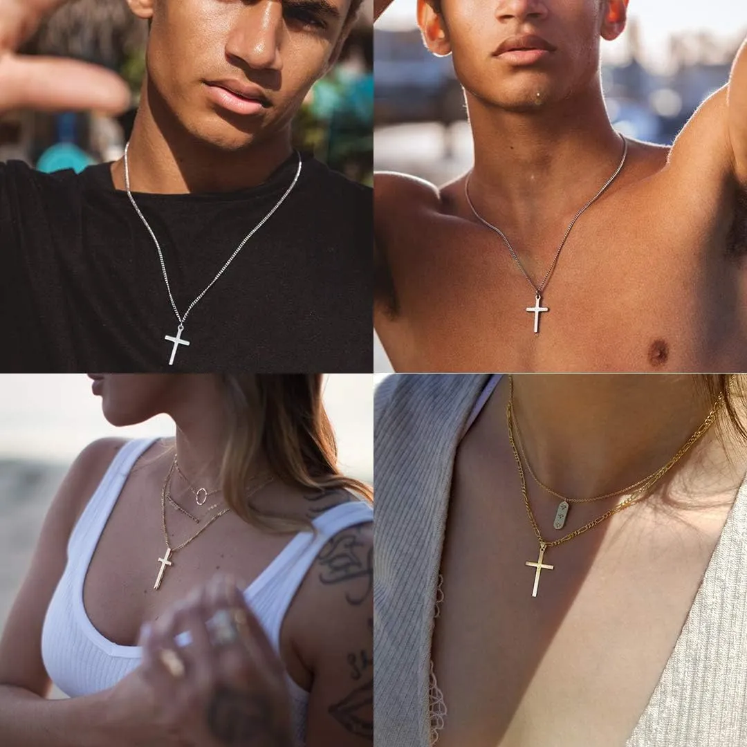 14K Gold Filled Cross Necklace for Men Figaro Chain Stainless Steel Plain Polished Cross Pendant Necklace Simple Faith Jewelry Gift for Women