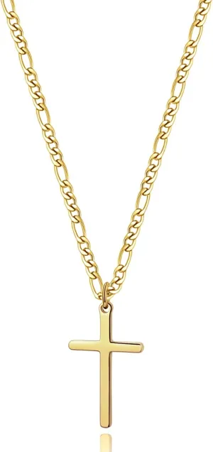 14K Gold Filled Cross Necklace for Men Figaro Chain Stainless Steel Plain Polished Cross Pendant Necklace Simple Faith Jewelry Gift for Women