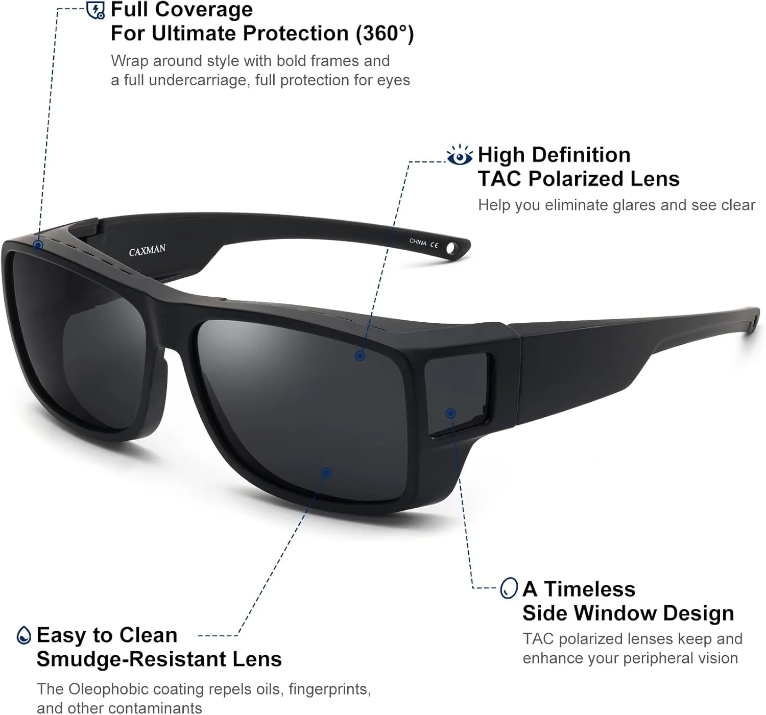 CAXMAN Fit Over Glasses Sunglasses Polarized Wrap Around Sunglasses with Side Window Shields for Full Protection