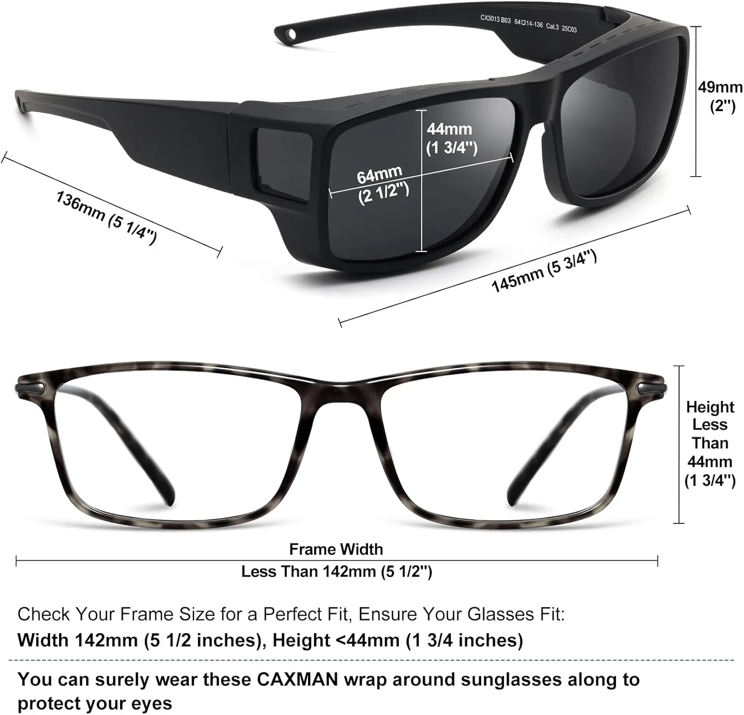 CAXMAN Fit Over Glasses Sunglasses Polarized Wrap Around Sunglasses with Side Window Shields for Full Protection