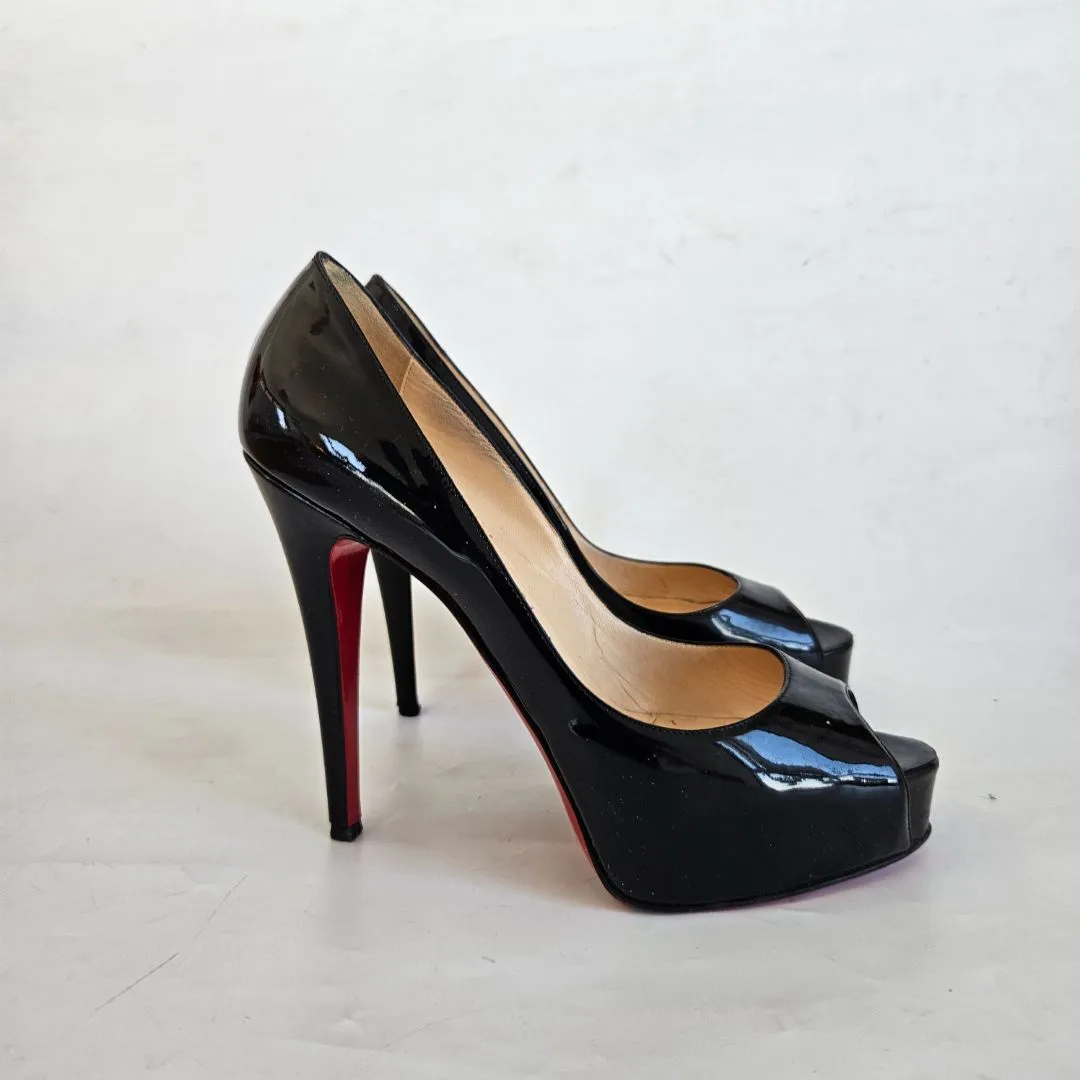 Christian Louboutin Black Patent Peep Toe Pumps, 38.5