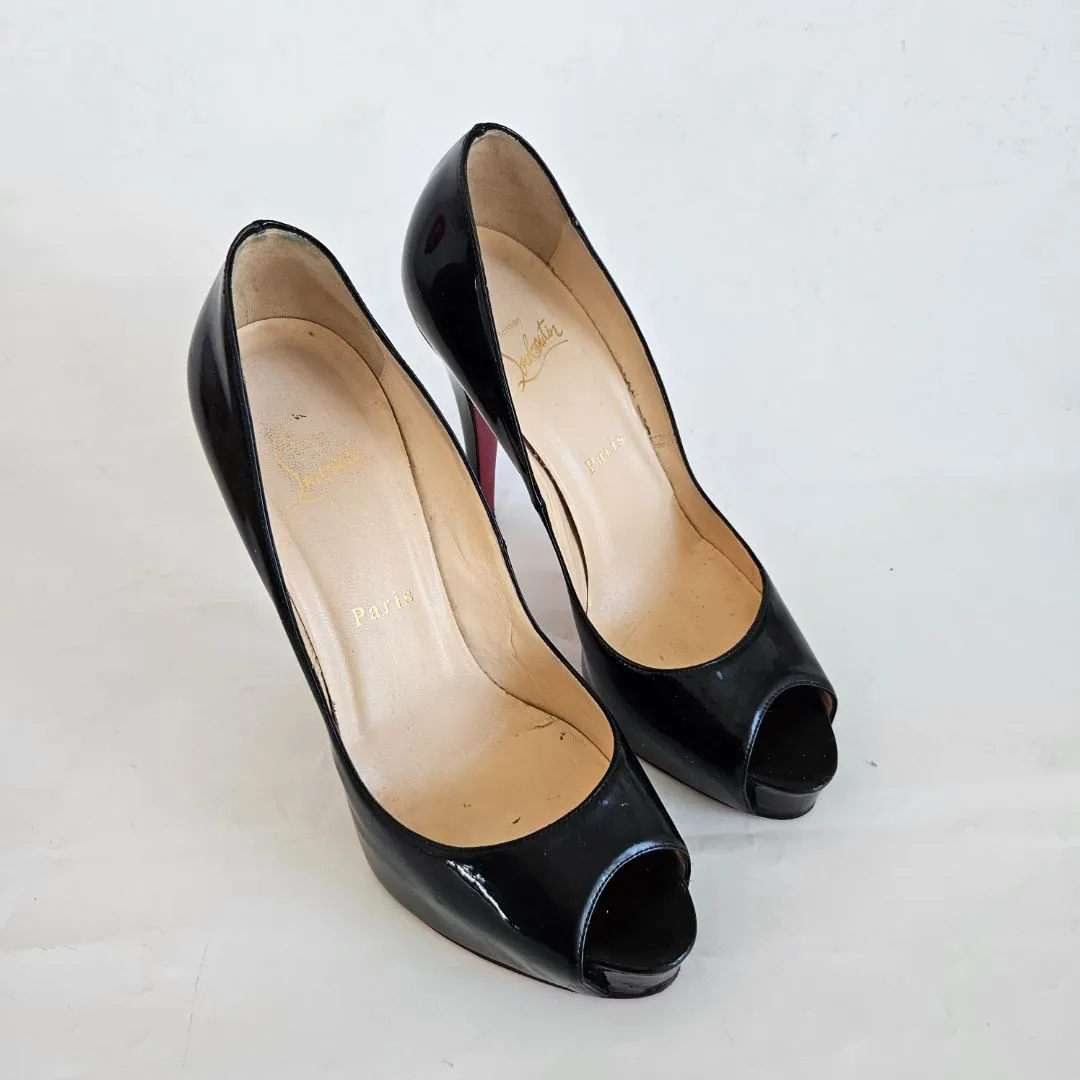 Christian Louboutin Black Patent Peep Toe Pumps, 38.5