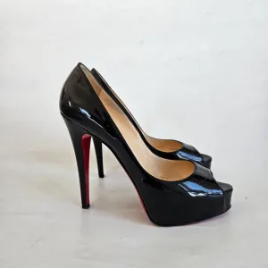Christian Louboutin Black Patent Peep Toe Pumps, 38.5
