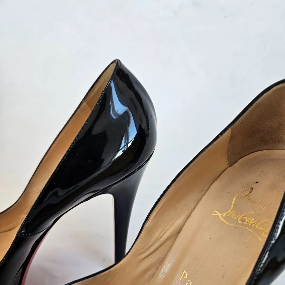 Christian Louboutin Black Patent Peep Toe Pumps, 38.5