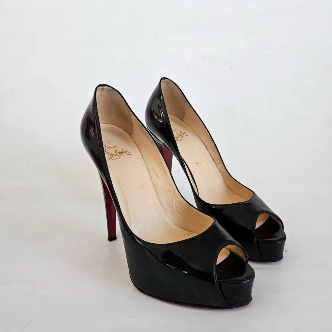 Christian Louboutin Black Patent Peep Toe Pumps, 38.5