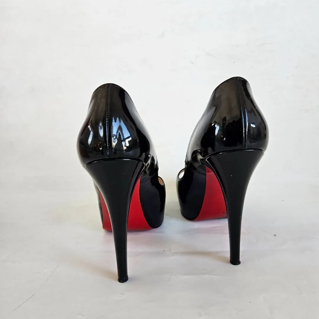 Christian Louboutin Black Patent Peep Toe Pumps, 38.5
