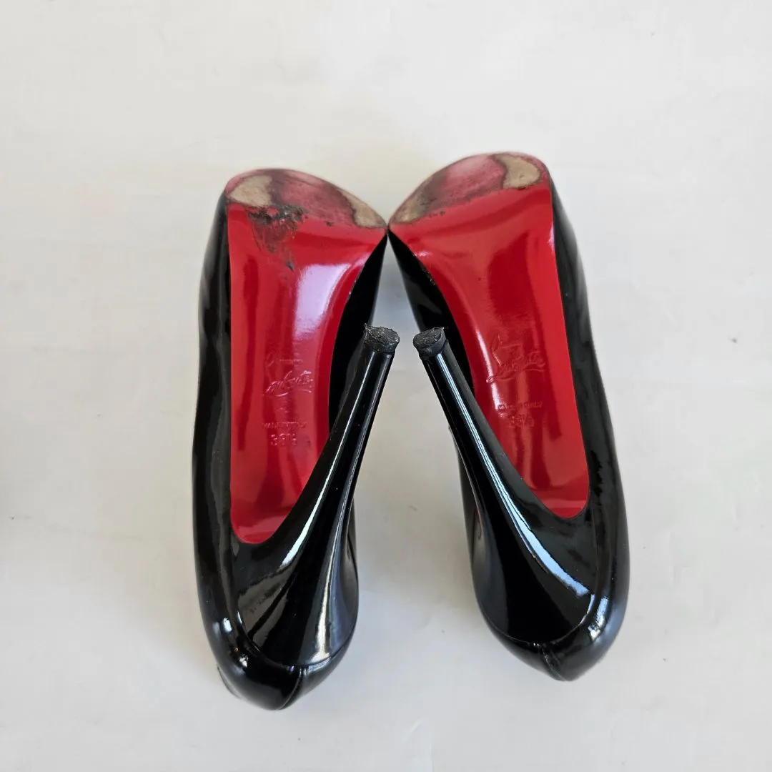 Christian Louboutin Black Patent Peep Toe Pumps, 38.5