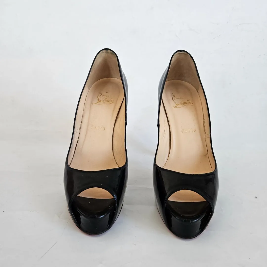 Christian Louboutin Black Patent Peep Toe Pumps, 38.5