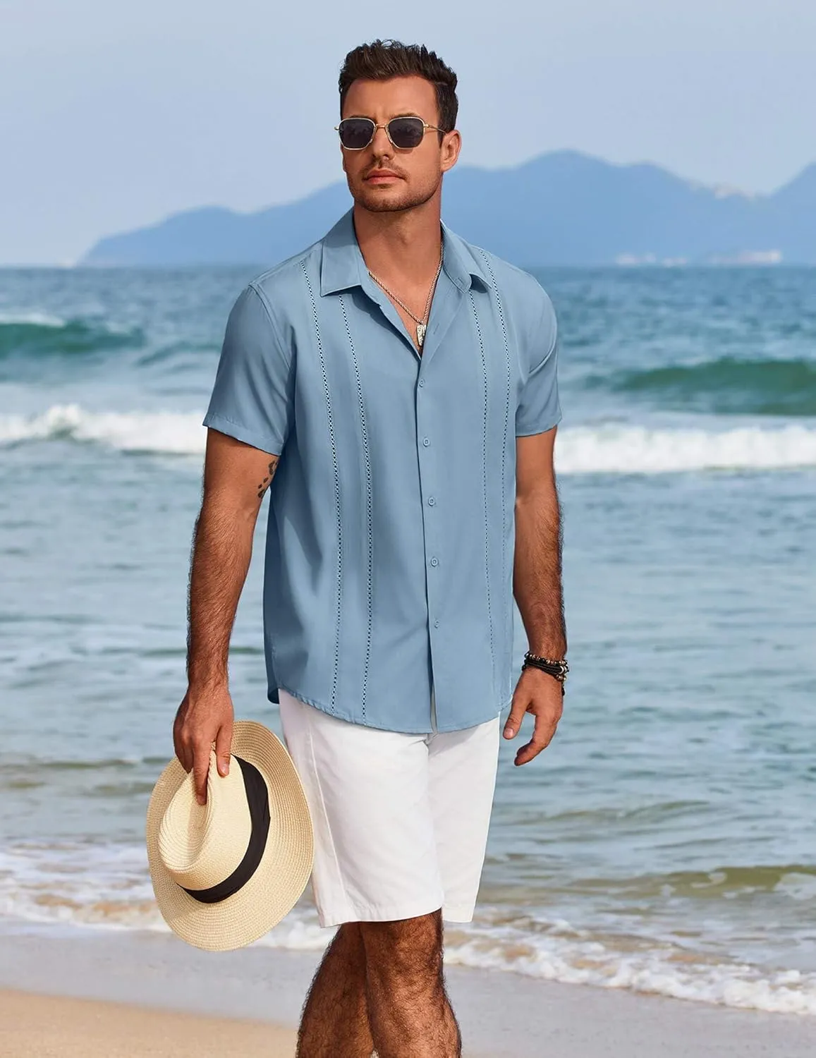 COOFANDY Mens Cuban Guayabera Shirt Short Sleeve Button Down Shirts Summer Beach Vacation Shirts