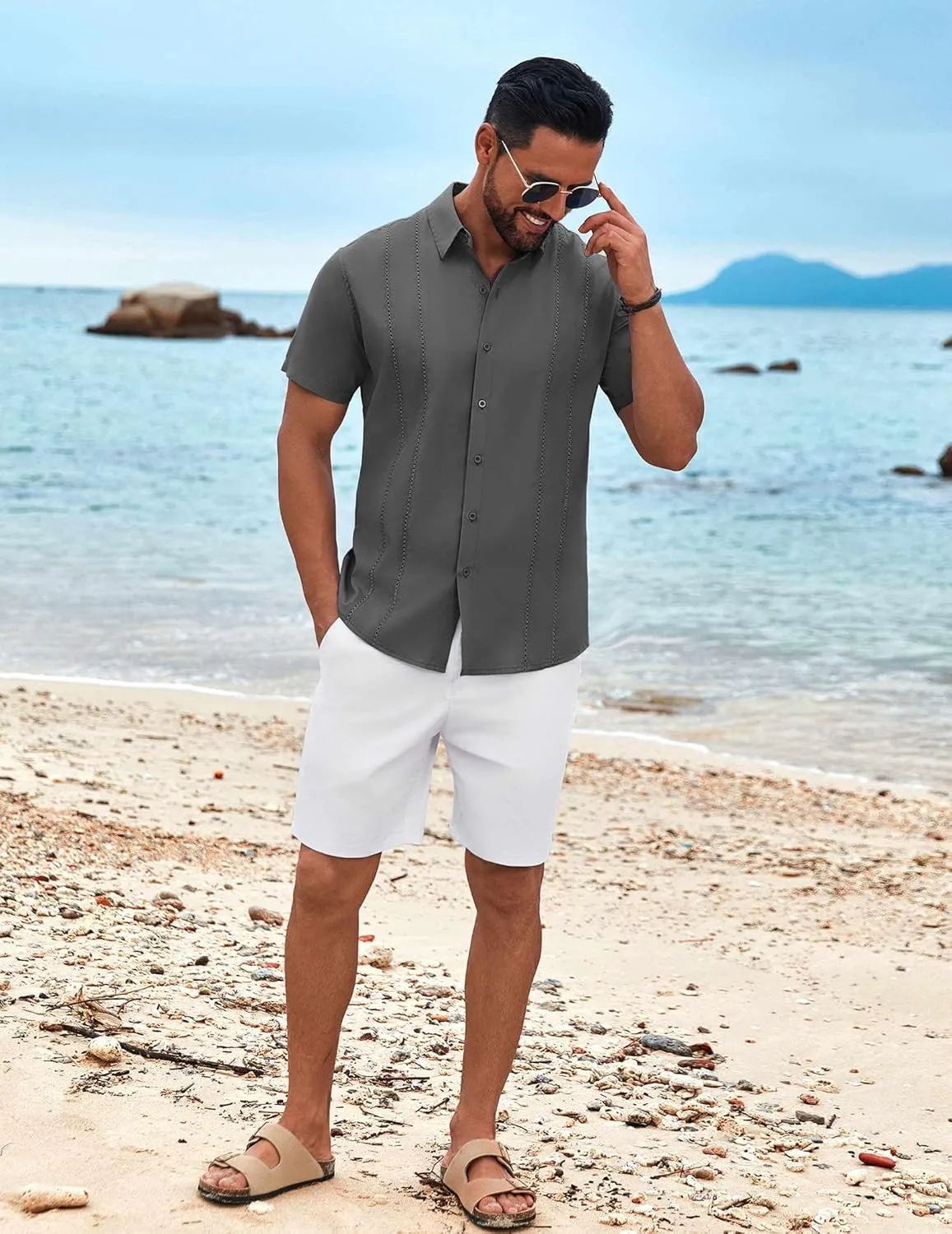 COOFANDY Mens Cuban Guayabera Shirt Short Sleeve Button Down Shirts Summer Beach Vacation Shirts