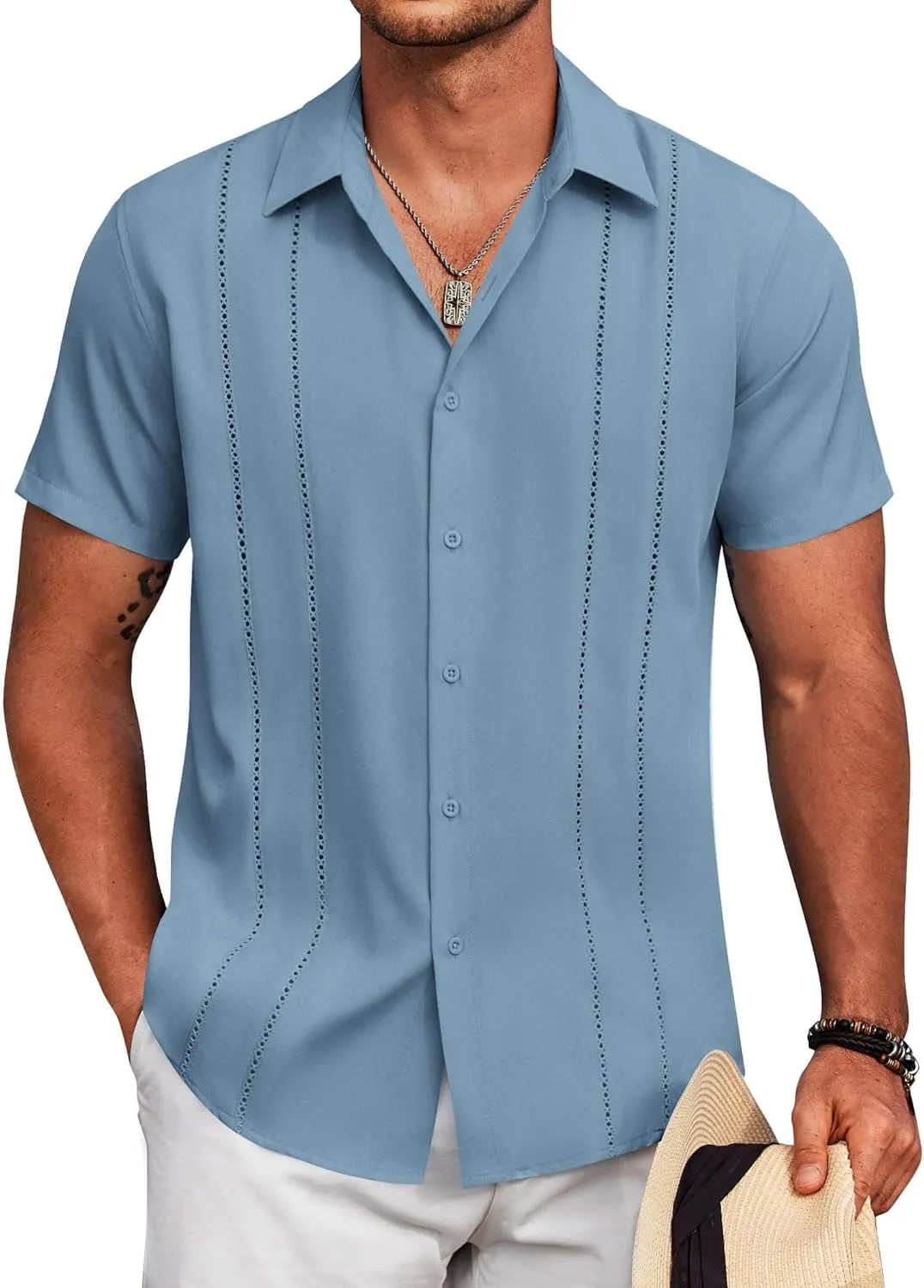 COOFANDY Mens Cuban Guayabera Shirt Short Sleeve Button Down Shirts Summer Beach Vacation Shirts