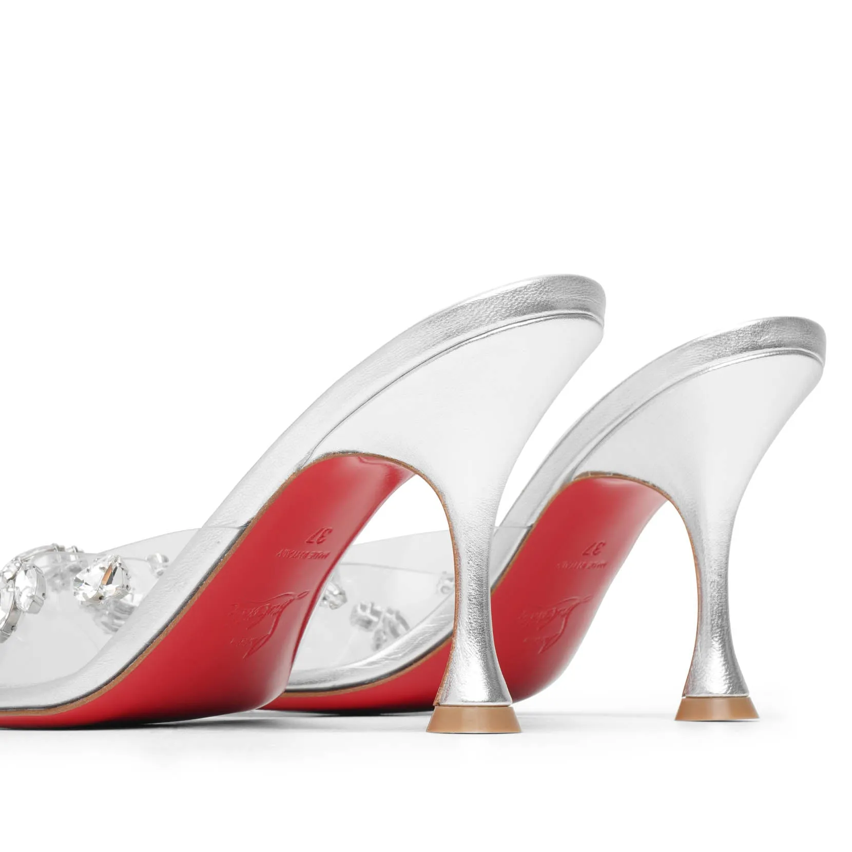 Degraqueen 85 pvc silver leather mules