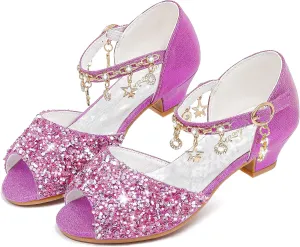 Furdeour Sparkly Girls Dress Shoes Princess Shoes High Heels Peep Toe Low Heel Glitter Toddler Big Kid Wedding Party