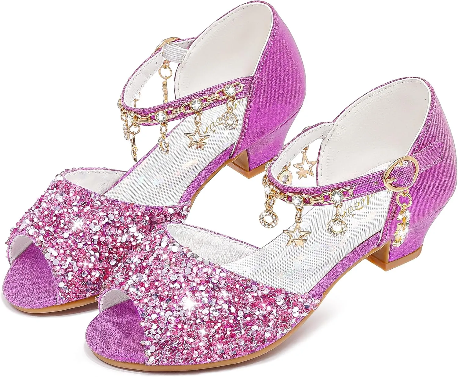 Furdeour Sparkly Girls Dress Shoes Princess Shoes High Heels Peep Toe Low Heel Glitter Toddler Big Kid Wedding Party