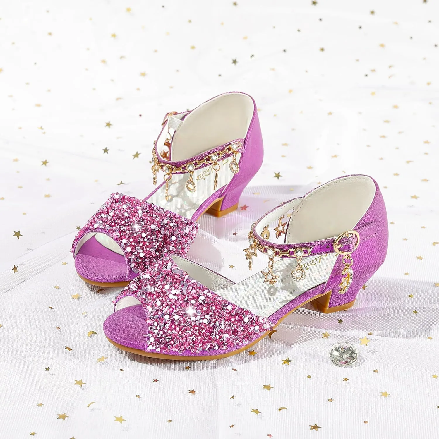 Furdeour Sparkly Girls Dress Shoes Princess Shoes High Heels Peep Toe Low Heel Glitter Toddler Big Kid Wedding Party