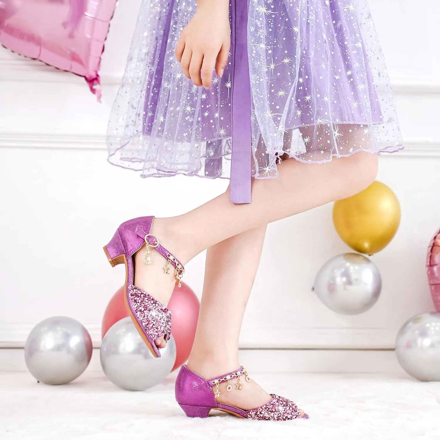 Furdeour Sparkly Girls Dress Shoes Princess Shoes High Heels Peep Toe Low Heel Glitter Toddler Big Kid Wedding Party