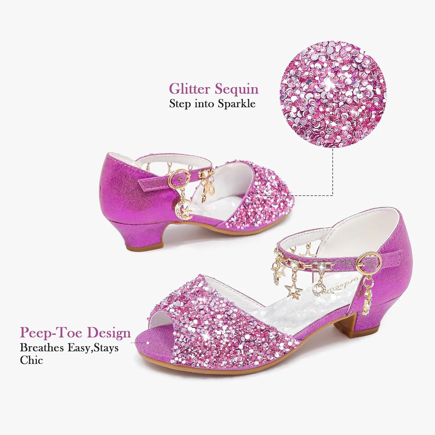 Furdeour Sparkly Girls Dress Shoes Princess Shoes High Heels Peep Toe Low Heel Glitter Toddler Big Kid Wedding Party