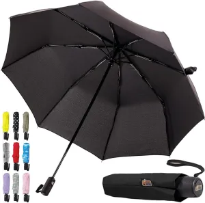 GORILLA GRIP Windproof Compact Stick Umbrella for Rain, Travel One-Click Automatic Open and Close, Lightweight, Portable, Strong Reinforced Fiberglass Ribs, Easily Collapsible, Black