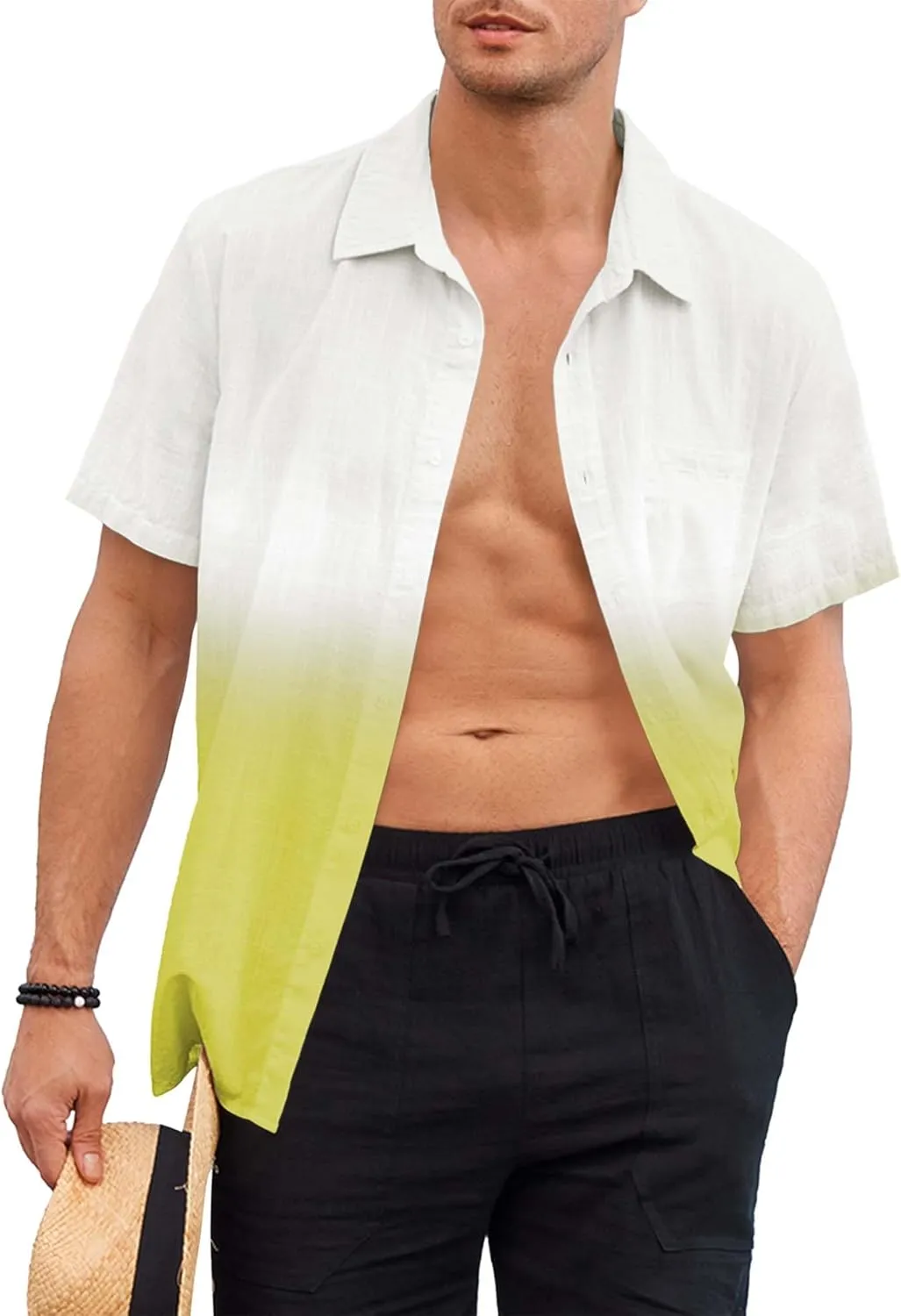 Mens Gradient Linen Shirts Casual Button Down Short Sleeve Beach Summer Shirts