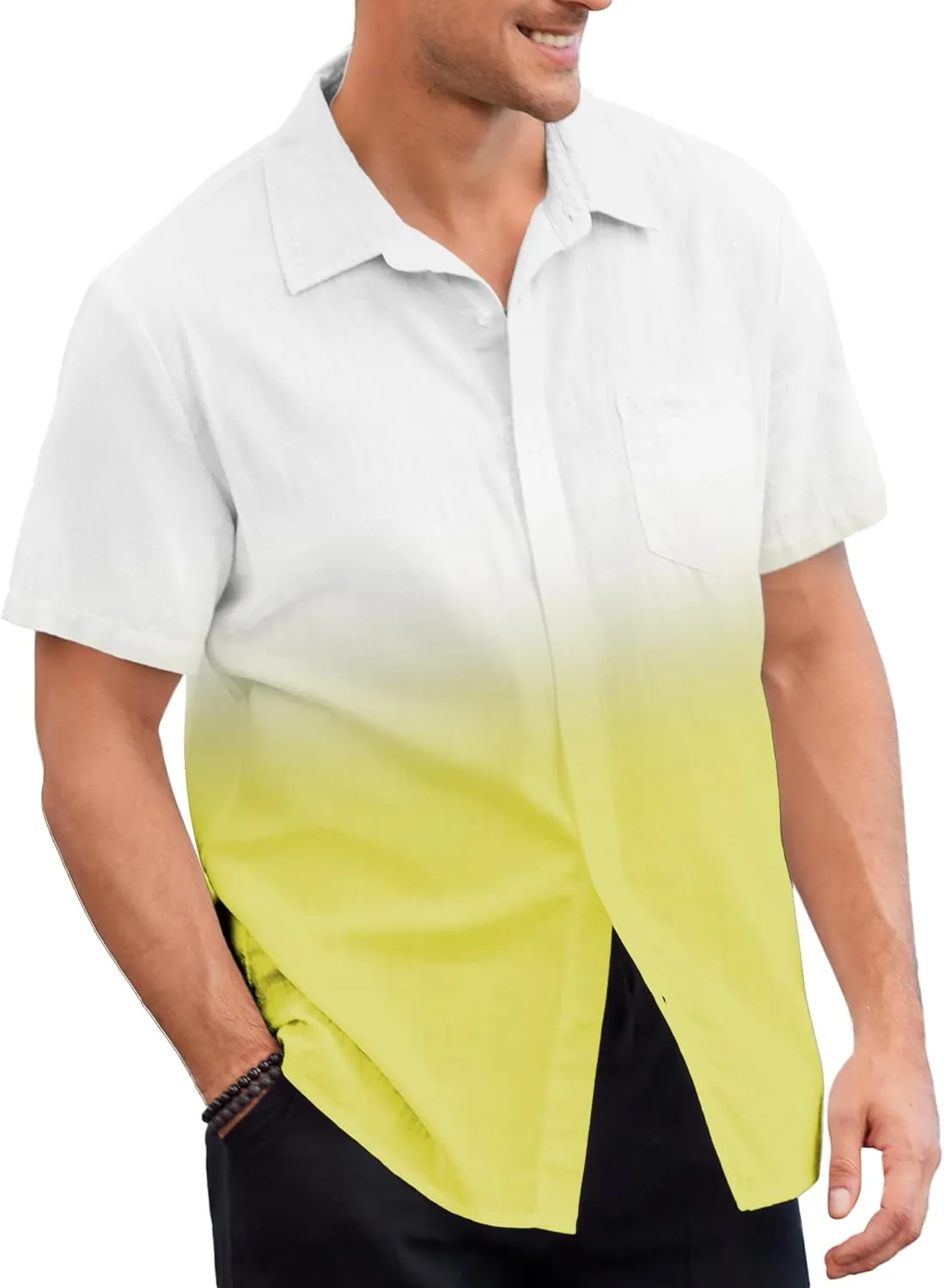 Mens Gradient Linen Shirts Casual Button Down Short Sleeve Beach Summer Shirts