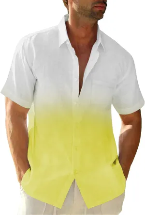 Mens Gradient Linen Shirts Casual Button Down Short Sleeve Beach Summer Shirts