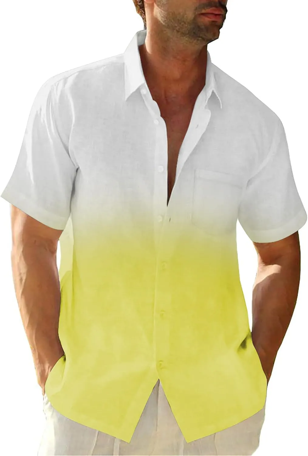 Mens Gradient Linen Shirts Casual Button Down Short Sleeve Beach Summer Shirts