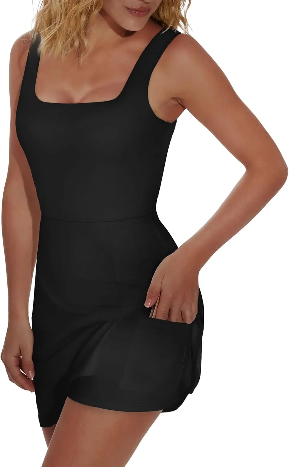 OFEEFAN Athletic Dress for Women Mini U Neck Sleeveless Built in Shorts with Pockets Tennis Golf Graduation