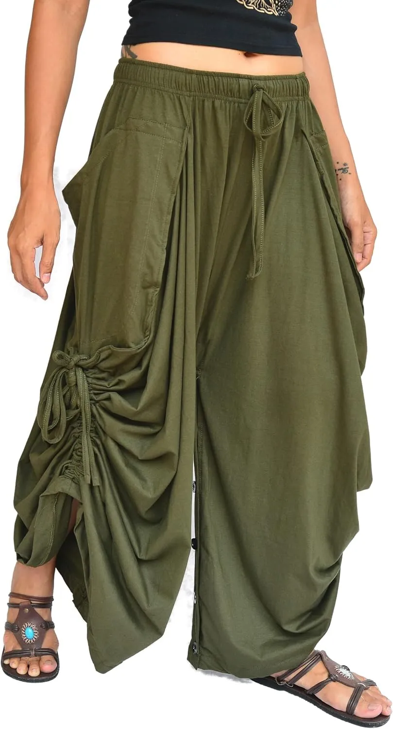 Sakoonee Women's Harem Pants Palazzo Dhoti Lounge Trousers, Convertible to a Skirt 2 Pockets Cotton, One Size, Elastic Waist