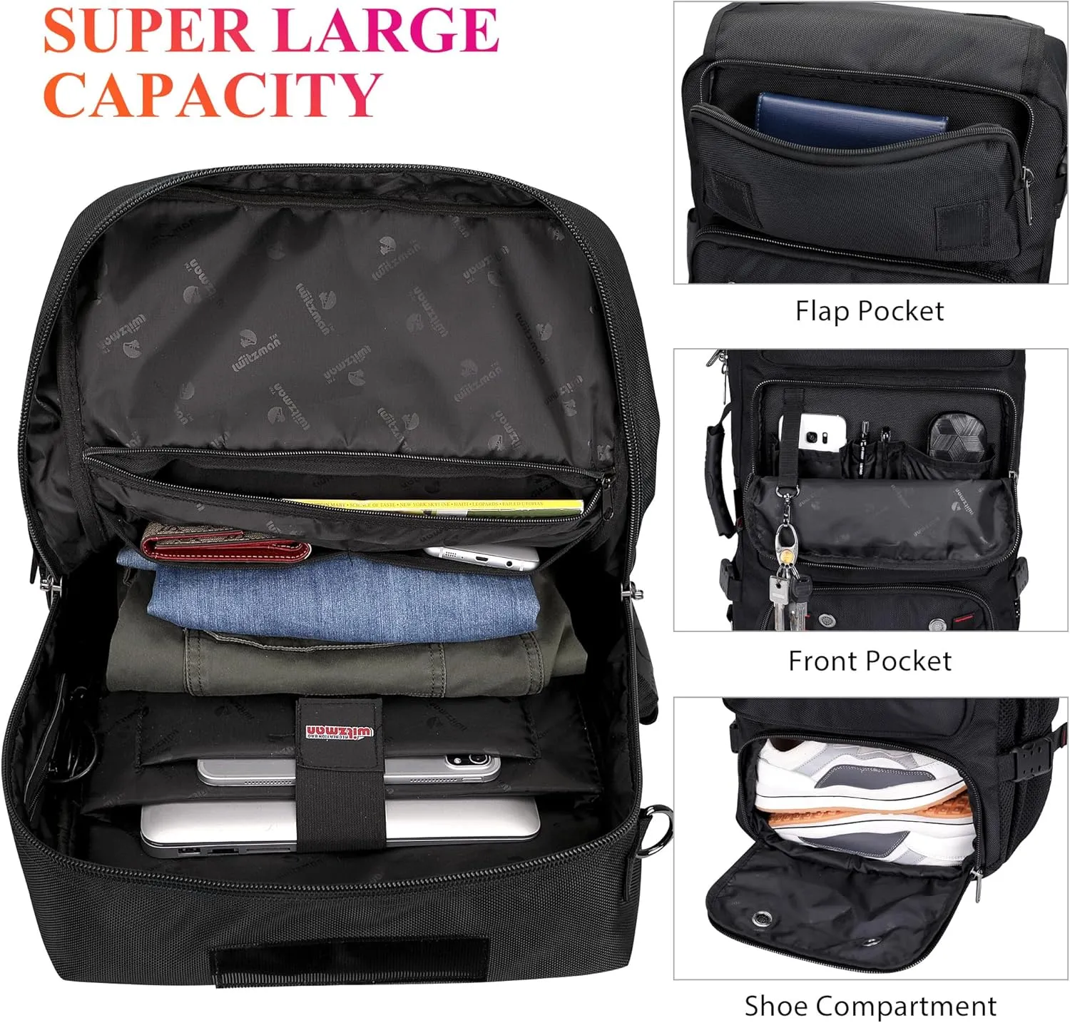 WITZMAN Carry on Travel Backpack for Men Airline Approved Convertible Nylon Duffle Backpack Luggage Bag (B682 Black)