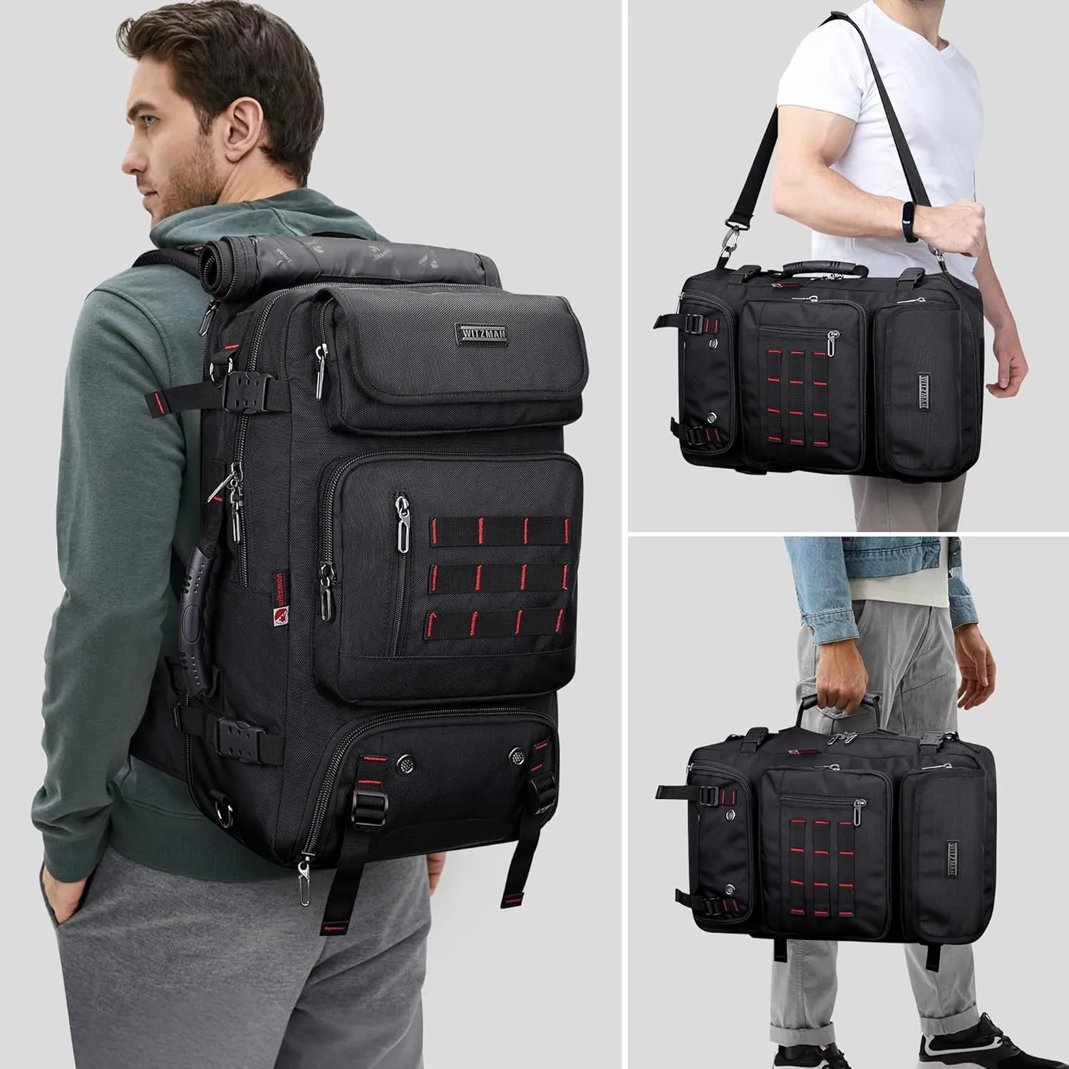 WITZMAN Carry on Travel Backpack for Men Airline Approved Convertible Nylon Duffle Backpack Luggage Bag (B682 Black)