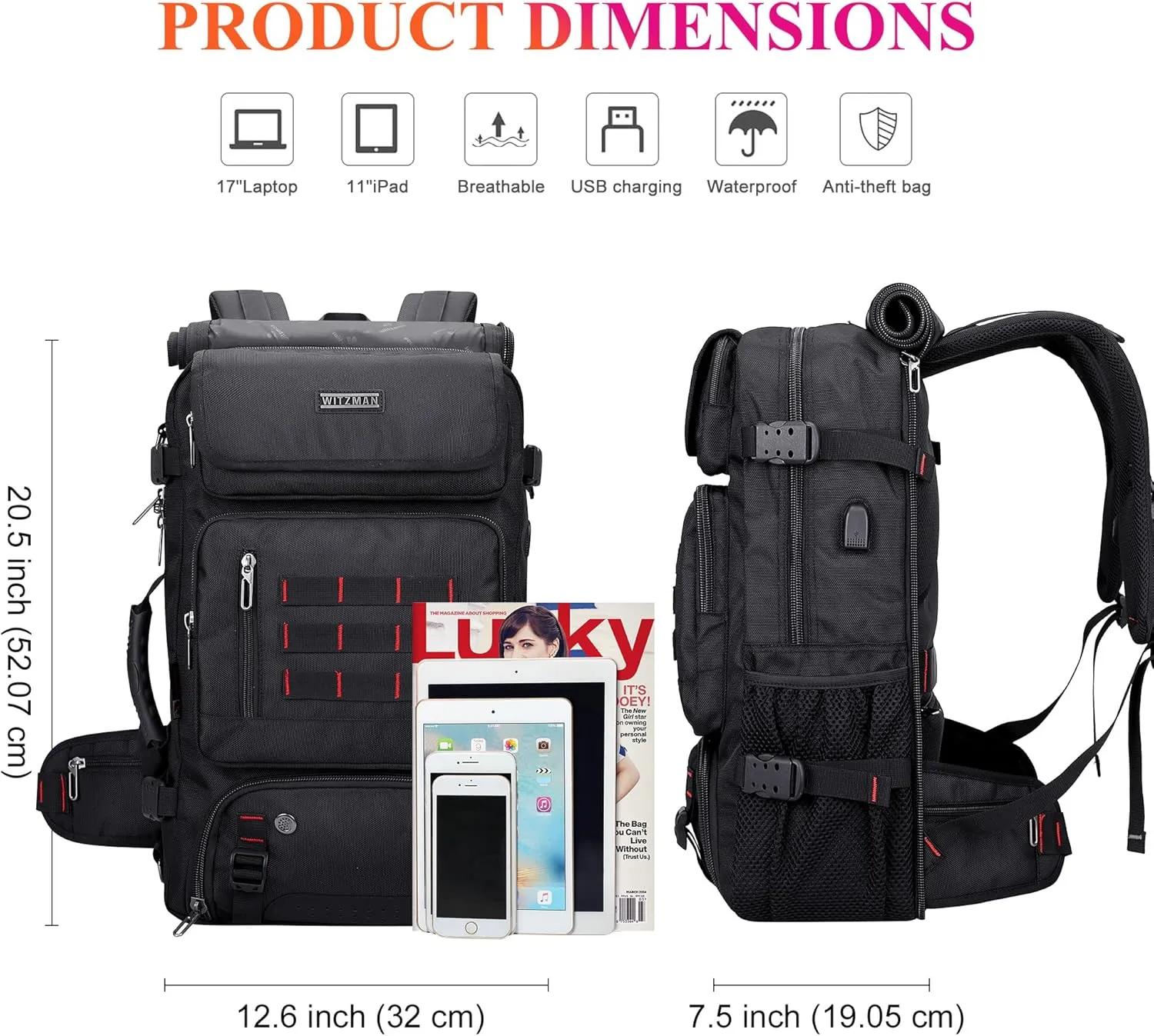 WITZMAN Carry on Travel Backpack for Men Airline Approved Convertible Nylon Duffle Backpack Luggage Bag (B682 Black)
